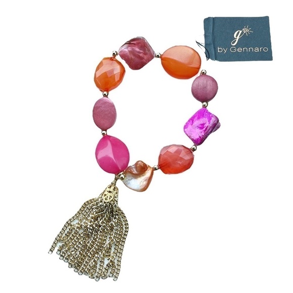 NEW Gennaro pink and orange chunky beaded stretch bracelet with gold tassel - Picture 1 of 2